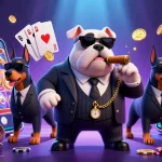 Rasakan sensasi menang megawin dengan karakter kasino penuh gaya dikelilingi permainan slot dan chip poker.