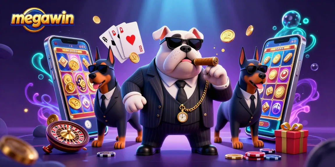 Rasakan sensasi menang megawin dengan karakter kasino penuh gaya dikelilingi permainan slot dan chip poker.