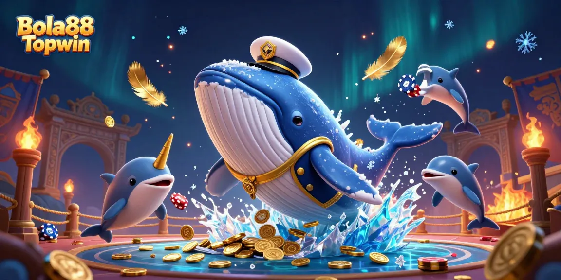Bola88 Topwin engages gamblers with vibrant casino elements, showcasing playful dolphins and golden coins.