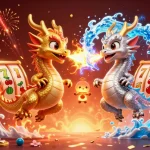 Casino en ligne retrait immédiat : dragons 3D flamboyants entourés de machines à sous et de lanternes.