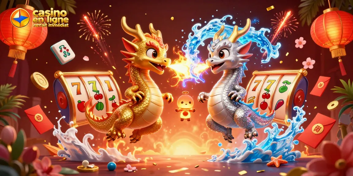 Casino en ligne retrait immédiat : dragons 3D flamboyants entourés de machines à sous et de lanternes.