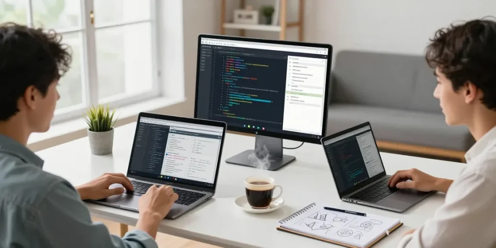 Collaborative remote team using https://raja328.com/ for project management in a modern home office