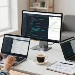Collaborative remote team using https://raja328.com/ for project management in a modern home office