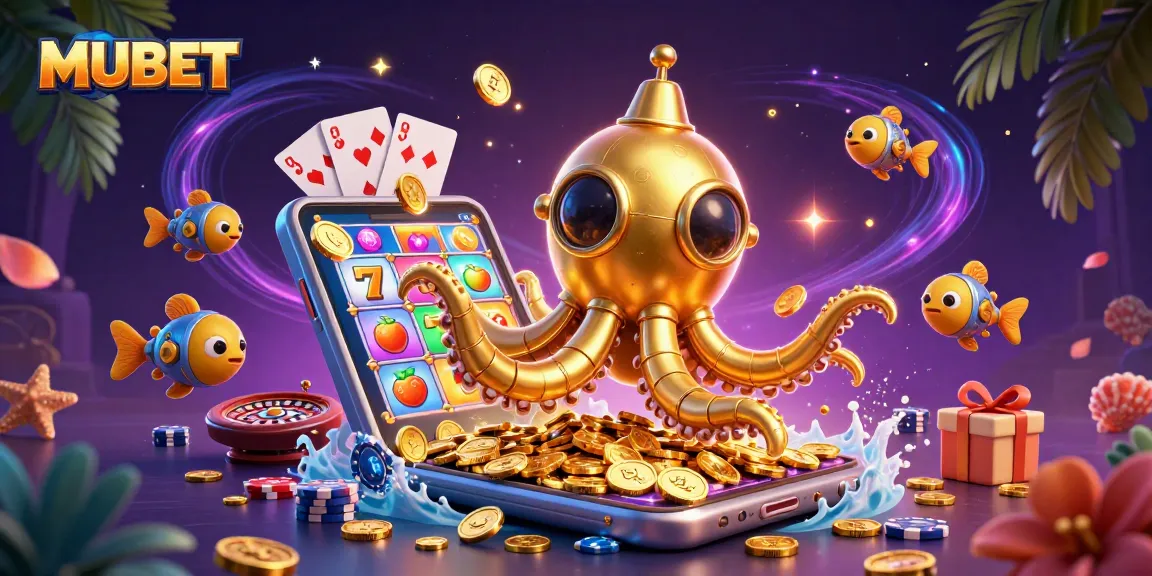 MUBET's thrilling 3D illustration showcases a kraken submarine amidst golden coins, calling all gamblers to joyful gameplay.