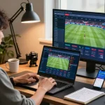 Engaging online betting setup showing 토토사이트 strategies with laptop and sports event displays.
