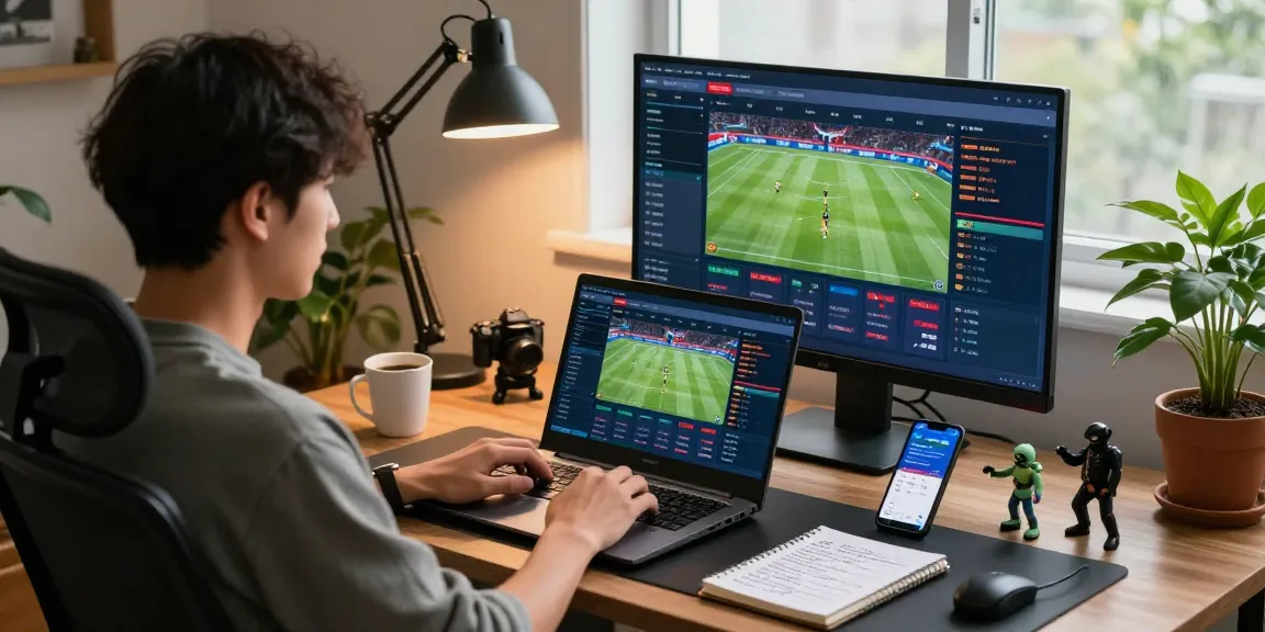 Engaging online betting setup showing 토토사이트 strategies with laptop and sports event displays.
