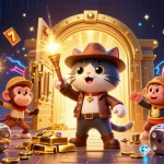 Illustration d'un chat explorateur trouvant un artefact de casino en ligne dans un temple, avec un singe porteur de flambeau.