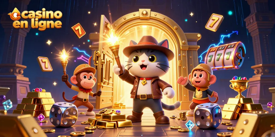 Illustration d'un chat explorateur trouvant un artefact de casino en ligne dans un temple, avec un singe porteur de flambeau.