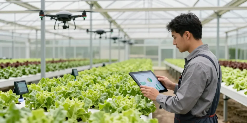 Prediksi 7meter in an advanced agritech greenhouse, showcasing innovative farming practices and data analytics.