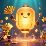 Casino en ligne avec un esprit en lanterne dorée flottant au-dessus d'une scène animée de jeux.