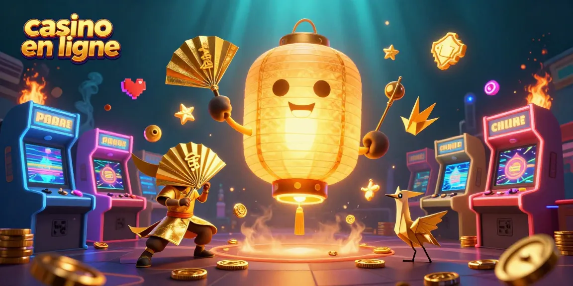 Casino en ligne avec un esprit en lanterne dorée flottant au-dessus d'une scène animée de jeux.