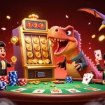 Illustration dynamique où le pachycéphalosaur joue avec une machine à sous au casino en ligne argent réel, attirant des pièces d'or.