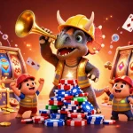 Cheerful characters celebrate at NK88 while surrounded by vibrant gaming elements and treasure.