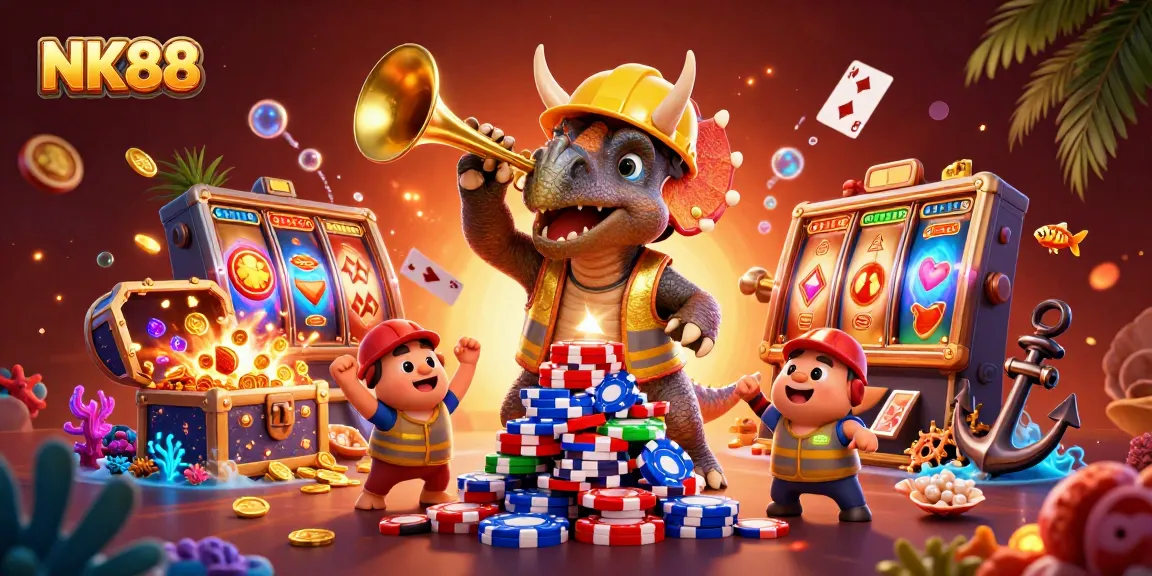Cheerful characters celebrate at NK88 while surrounded by vibrant gaming elements and treasure.