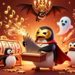 Illustration d'un penguin-opéra avec masque doré célébrant dans un nouveau casino en ligne, entouré de jeux.