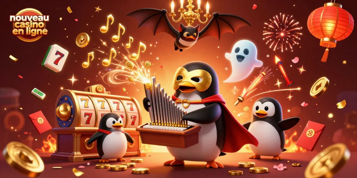 Illustration d'un penguin-opéra avec masque doré célébrant dans un nouveau casino en ligne, entouré de jeux.