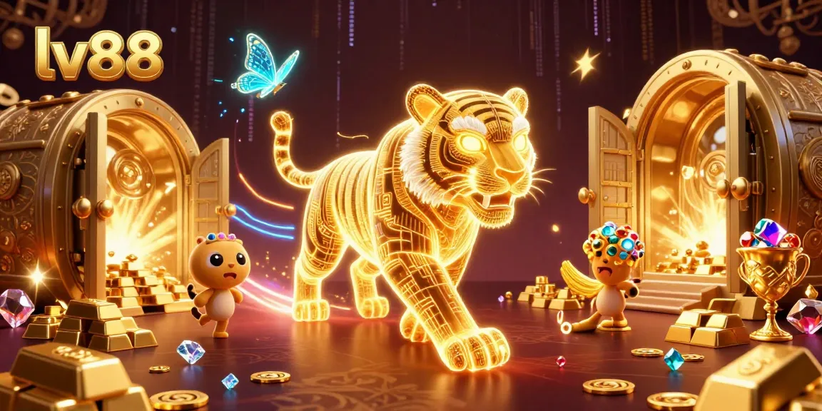 Experience the thrill of winning at lv88 with a neon-wireframe tiger in a vibrant casino landscape.