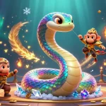 Experience KUWIN's vibrant gaming world; colorful serpent and monkey king in magical casino action.