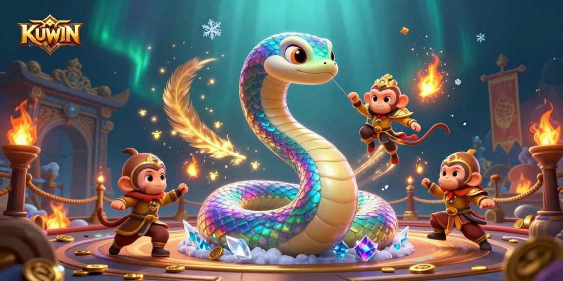 Experience KUWIN's vibrant gaming world; colorful serpent and monkey king in magical casino action.