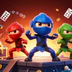 Illustration dynamique représentant des ninjas caméléons en pleine action dans un casino en ligne.