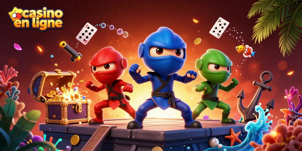 Illustration dynamique représentant des ninjas caméléons en pleine action dans un casino en ligne.