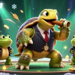 Un casino en ligne animé par une tortue massive en costume de gangster entourée de grenouilles, avec des rouleaux de machines à sous et des lumières scintillantes.