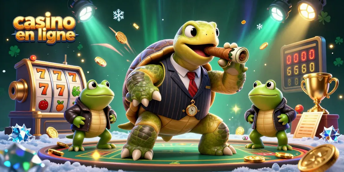 Un casino en ligne animé par une tortue massive en costume de gangster entourée de grenouilles, avec des rouleaux de machines à sous et des lumières scintillantes.