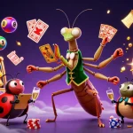 Engage with janjislot's vibrant scene of a majestic mantis card sharp and ladybug pit boss in a colorful casino.