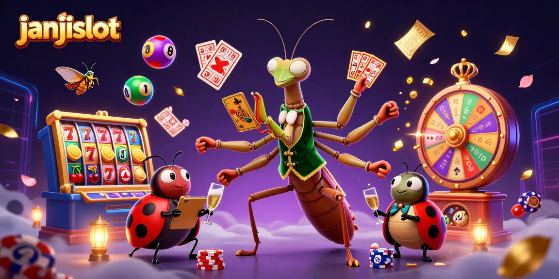 Engage with janjislot's vibrant scene of a majestic mantis card sharp and ladybug pit boss in a colorful casino.