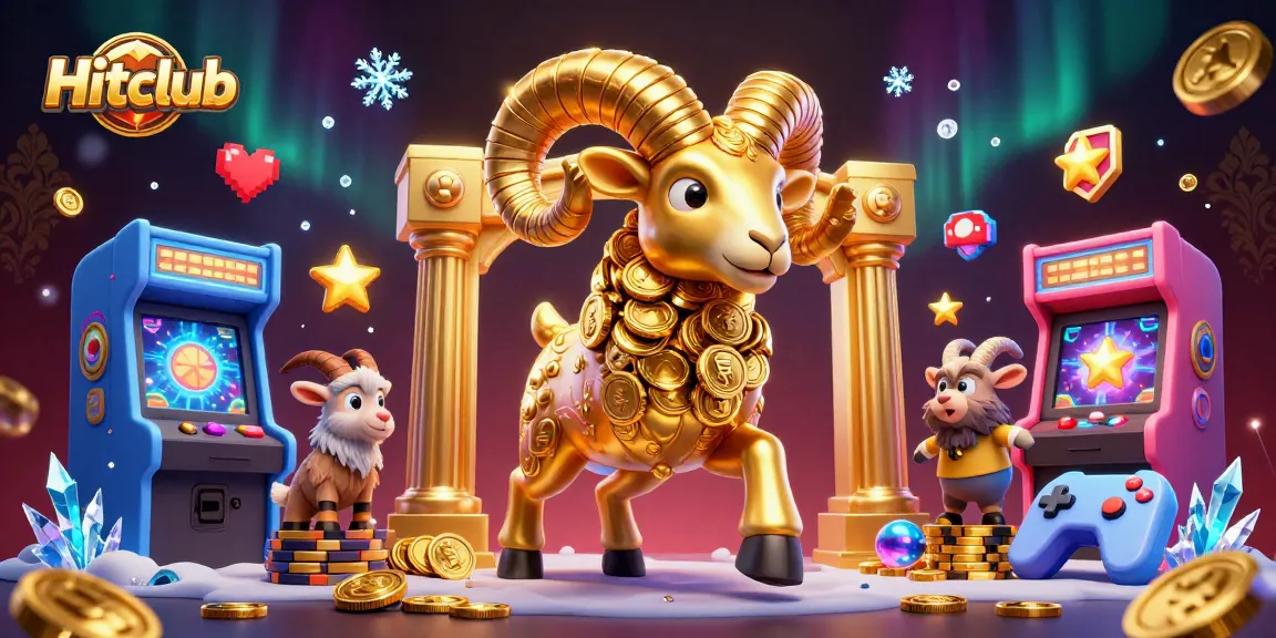Hitclub showcases an epic scene with a golden ram charging through a casino filled with vibrant gaming elements.
