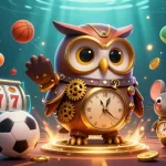 Plongez dans l'univers du casino en ligne avec une illustration d'une chouette aventurière et des éléments de jeux captivants.