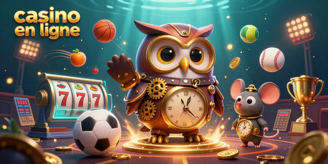 Plongez dans l'univers du casino en ligne avec une illustration d'une chouette aventurière et des éléments de jeux captivants.