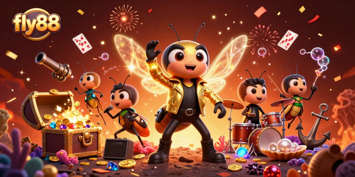 Experience the electrifying world of fly88 with a rock star cicada and casino treasures.