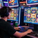 Player immersed in an exciting slot777 game at a modern gaming setup with colorful ambient lighting.