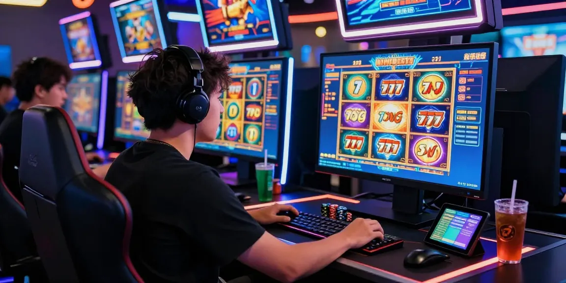 Player immersed in an exciting slot777 game at a modern gaming setup with colorful ambient lighting.