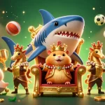 Le roi hamster en or sur son trône de dent de mégalodon au casino en ligne, entouré de pièces d'or et de ballons sportifs.