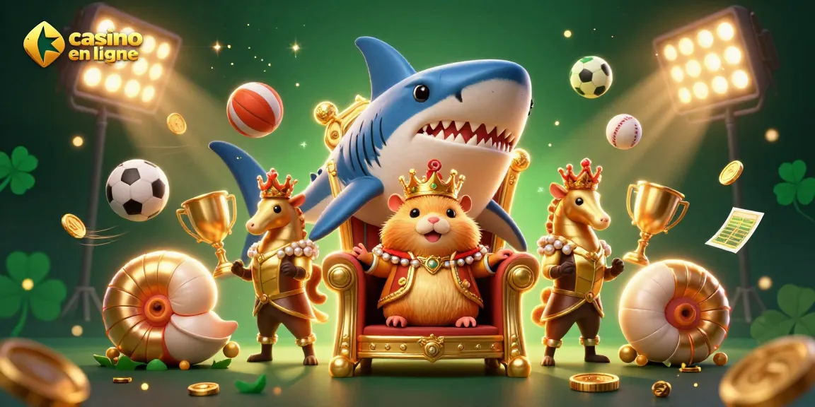 Le roi hamster en or sur son trône de dent de mégalodon au casino en ligne, entouré de pièces d'or et de ballons sportifs.