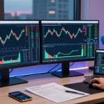 Dynamic trader using mt5 on dual screens with market analysis tools in a modern office.