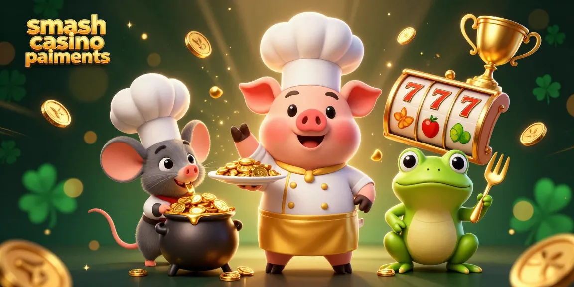 Découvrez les paiements Smash Casino avec un chef 3D amusant servant des pièces en or sur un fond vibrant.