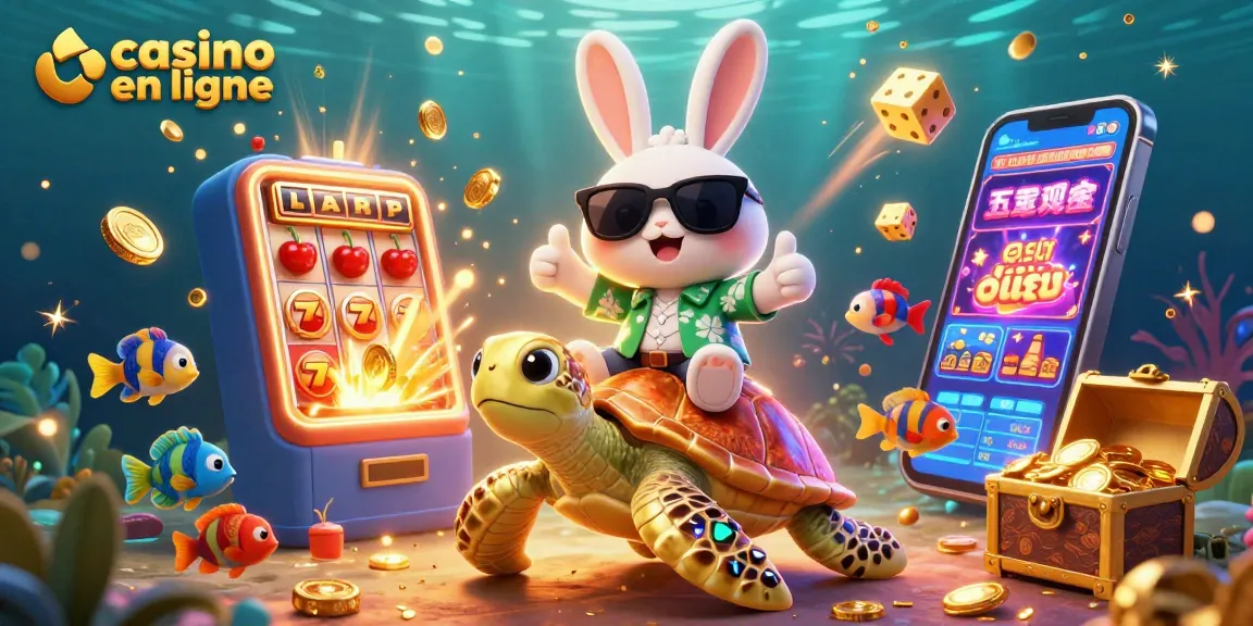 Plongez dans l'univers du casino en ligne avec notre illustration vibrante d'un lapin chanceux et une tortue dorée.