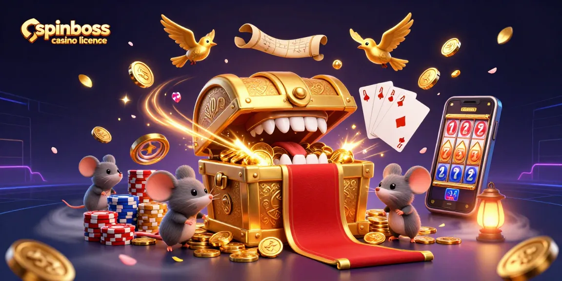 Visualisez la licence de SpinBoss Casino avec cette illustration riche en détails, mettant en avant des trésors et des jeux d'argent.