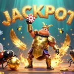 Bolaslot88 showcases a victorious hercules beetle in golden armor with poker chips amidst glamorous casinos.