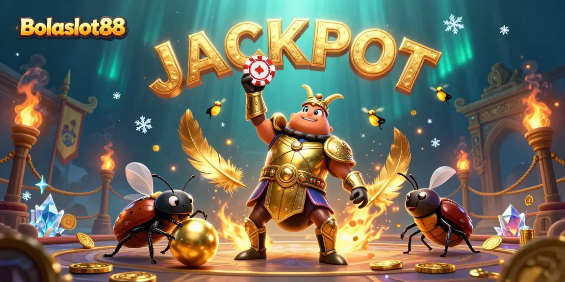 Bolaslot88 showcases a victorious hercules beetle in golden armor with poker chips amidst glamorous casinos.