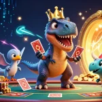 Plongez dans l'univers paris sportif coupe du monde avec un T-Rex jouant aux cartes et des éléments de paris autour.