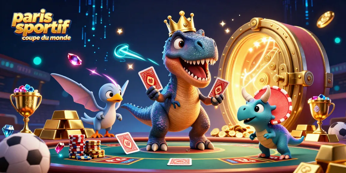 Plongez dans l'univers paris sportif coupe du monde avec un T-Rex jouant aux cartes et des éléments de paris autour.