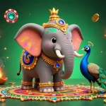 Découvrez l'atmosphère vibrante d'un casino fiable en ligne avec un éléphant Diwali, des jetons de poker et des feux d'artifice.