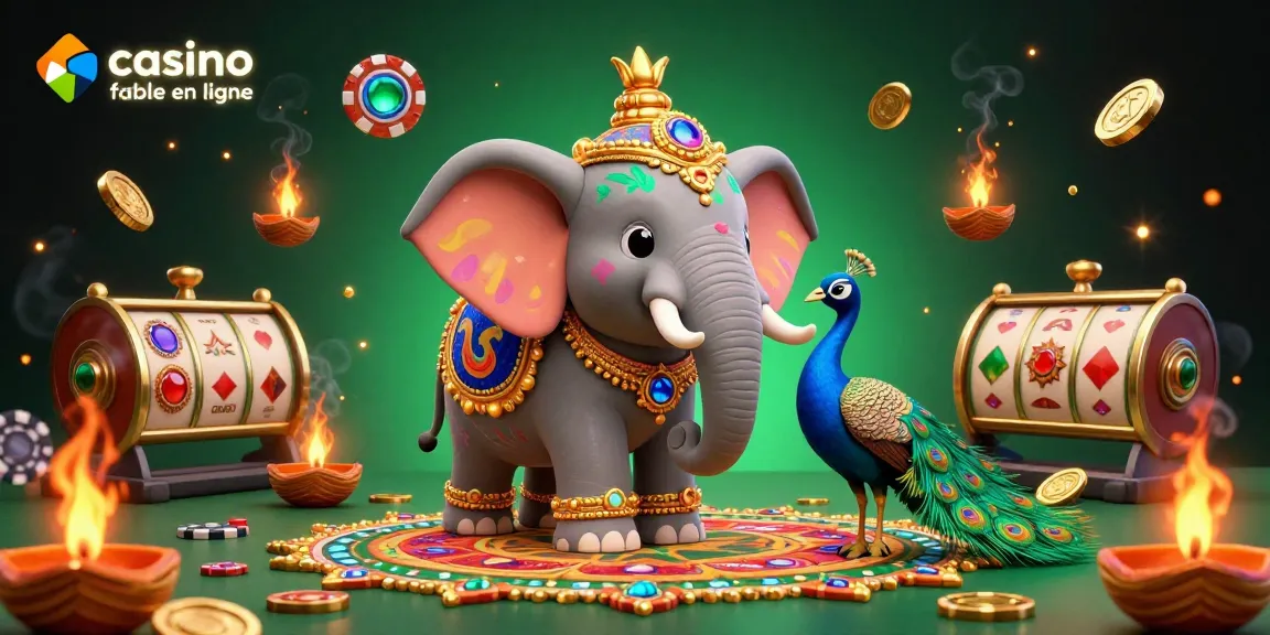 Découvrez l'atmosphère vibrante d'un casino fiable en ligne avec un éléphant Diwali, des jetons de poker et des feux d'artifice.