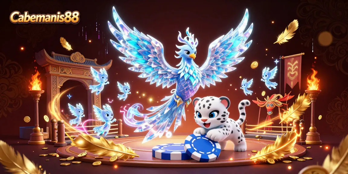 Engage in thrilling gameplay at Cabemanis88 with an ice phoenix and vibrant gaming elements.