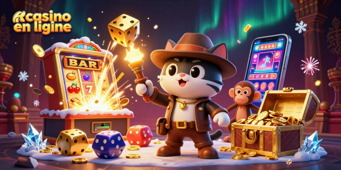 Découvrez les jeux captivants du casino en ligne avec un chat explorateur et un singe dans un temple.