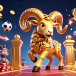Illustration dynamique de casino en ligne avec un bélier doré et des éléments de jeu captivants.